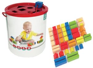 דלי 50 קוביות עץ צבעוניות והתאם צורה