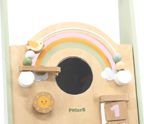הליכון מעוצב מעץ מלא עם חרוזים, גלגלי שיניים מסתובבים, קוביות ומגוון פעילויות