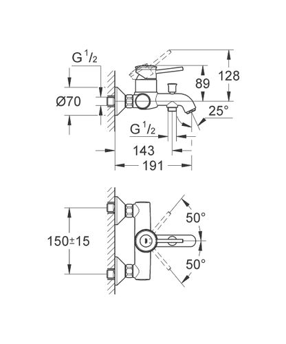 ברז אמבט GROHE BauClassic עם מנגנון קרמי