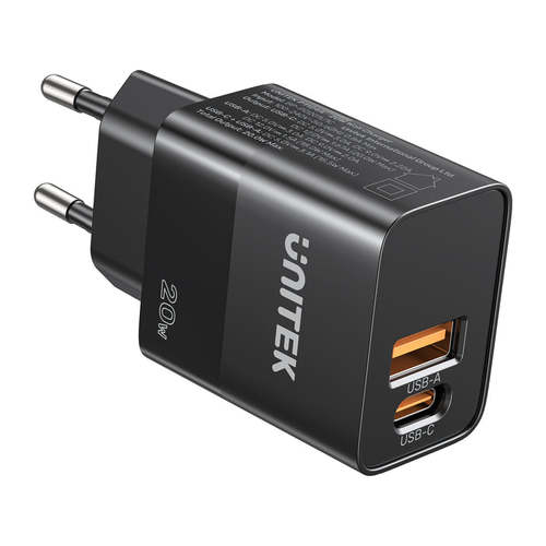 מטען קיר כפול   Unitek 20W USB-A+Type-c  P1124ABK01-EU  