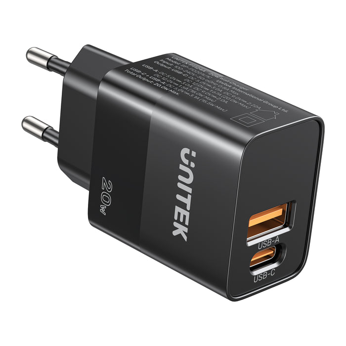 מטען קיר כפול   Unitek 20W USB-A+Type-c  P1124ABK01-EU  