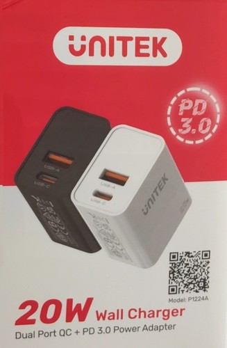 מטען קיר כפול   Unitek 20W USB-A+Type-c  P1124ABK01-EU  