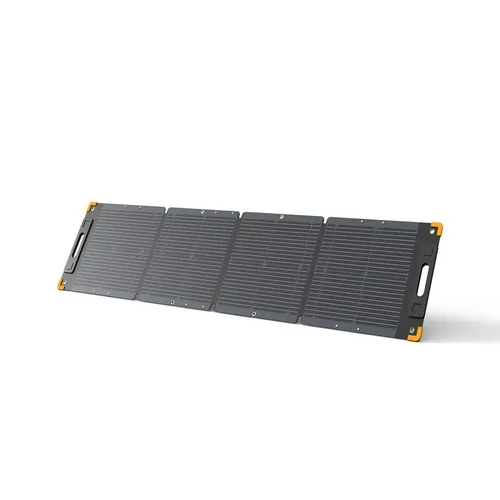 פאנל סולארי מתקפל PECRON 100W בפריסה מלאה עם ארבעה לוחות מונו קריסטליים, מבנה קשיח ופינות מחוזקות בצבע כתום.