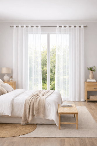 וילון בד דמוי פשתן חצי שקוף תפירת רינגים - דרור לבן