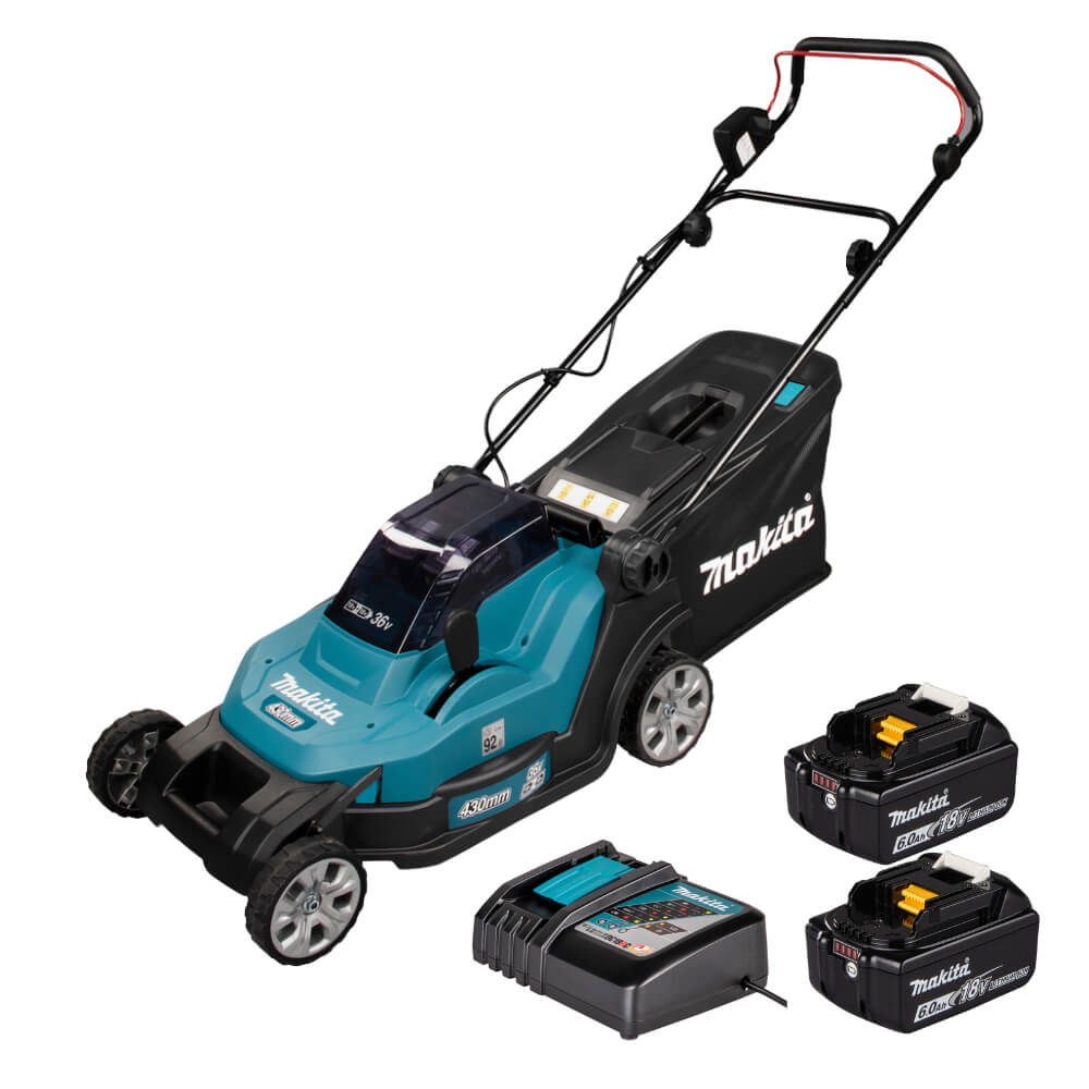 מכסחת דשא נטענת 2X18V כולל סוללות 6.0Ah דגם DLM432 מקיטה Makita