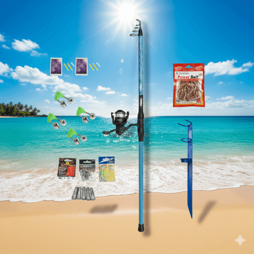 סט דיג מקצועי Mitchell Catch Pro II הכולל חכה טלסקופית כחולה 3.5 מטר, רולר 5000, מעמד חכה, פיתיון תולעים, משקולות וציוד קצה על רקע חוף ים קייצי