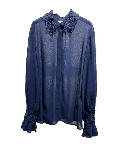 Shirt in georgette fabric with floral embroideries - COLOR BLUE