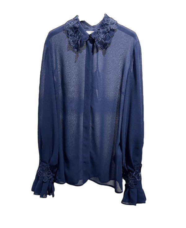 Shirt in georgette fabric with floral embroideries - COLOR BLUE