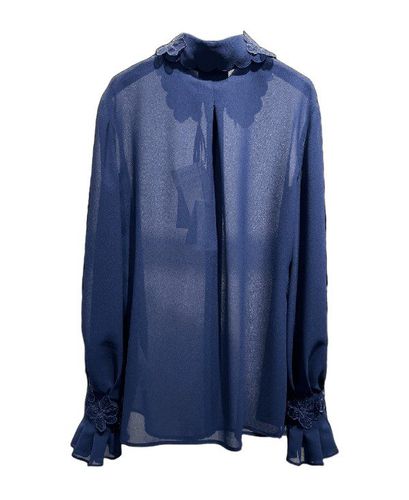 Shirt in georgette fabric with floral embroideries - COLOR BLUE
