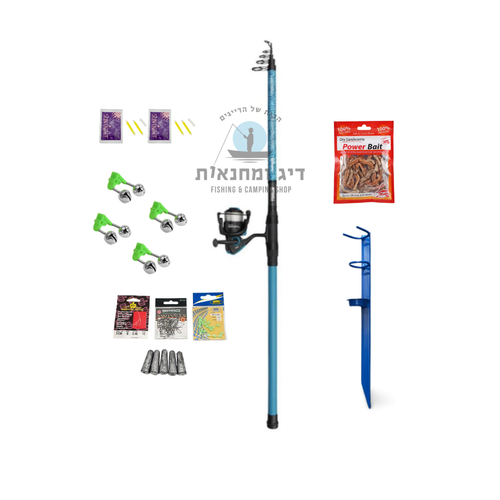 סט דיג מקצועי Mitchell Catch Pro II הכולל חכה טלסקופית כחולה 3.5 מטר, רולר 5000, מעמד חכה, פיתיון תולעים, משקולות וציוד קצה 