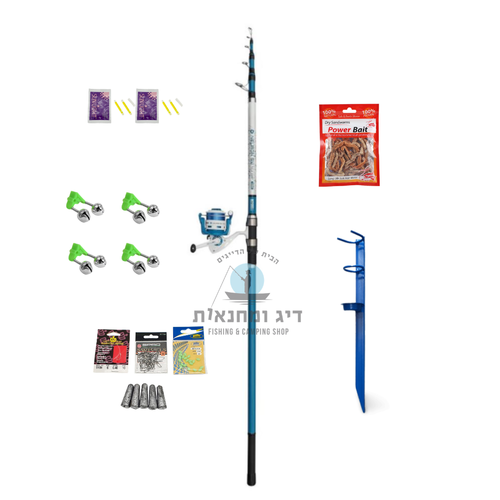 סט דיג מקצועי Mitchell Catch Pro II הכולל חכה טלסקופית כחולה 3.5 מטר, רולר 5000, מעמד חכה, פיתיון תולעים, משקולות וציוד קצה 