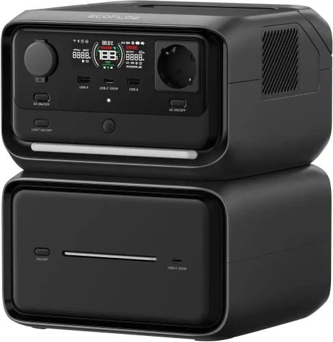 תחנת כוח ECOFLOW River 3 Max Plus עם מודול הרחבה תחתון וחיבורים קדמיים כולל שקע AC ו-USB
