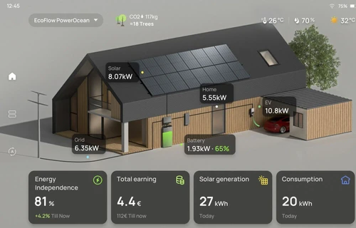 מסך שליטה INSIGHT למערכת סולארית EcoFlow PowerOcean Plus עם תצוגת ייצור, צריכה וסוללה בזמן אמת