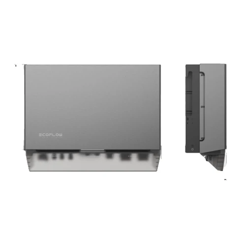 ממיר היברידי תלת-פאזי EcoFlow PowerOcean Plus להתקנה על קיר, מבט חזיתי וצידי עם חיבורי PV ו-AC בתחתית