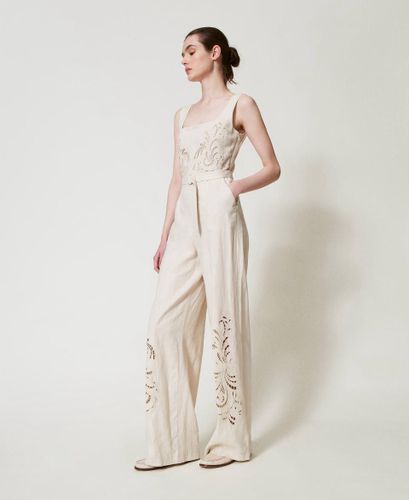 Linen blend jumpsuit with embroidery