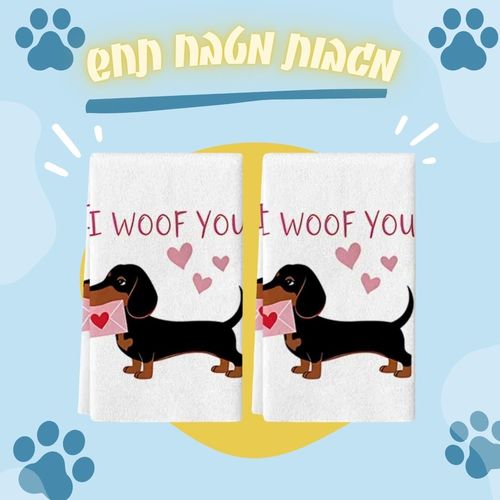 סט שתי מגבות מטבח עם איור כלבי תחש ולבבות