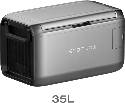 מקרר נייד EcoFlow Glacier Classic 35L בצבע אפור מבט צד עם ידית נשיאה ועיצוב קומפקטי