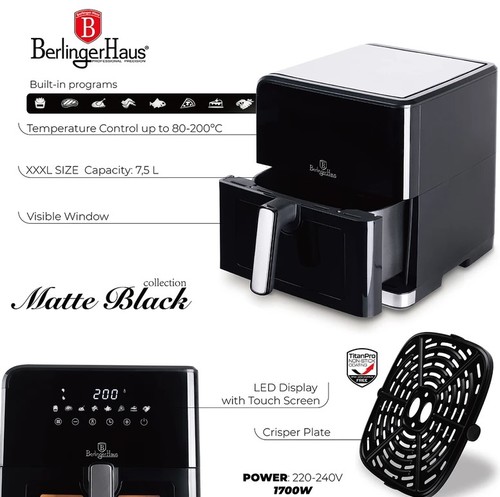סיר טיגון ללא שמן 7.5 ליטר Berlinger Haus Matte Black BH9470