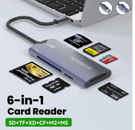 קורא כרטיסים USB 6IN1 - כל סוגי כרטיסי הזיכרון