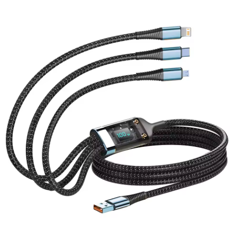 כבל 3 ראשים טעינה והעברת נתונים - אייפון, TYPE C, MICRO USB מהיר 100W