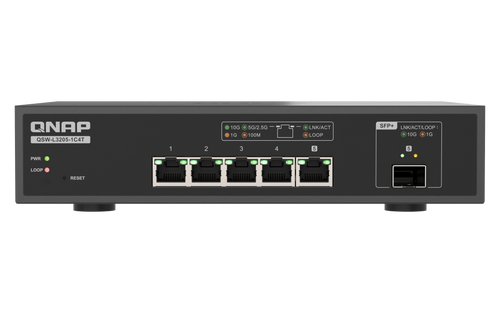 QSW-L3205-1C4T סוויץ Lite Managed עם 5 פורטי 10GbE, קיבולת 100Gbps, תמיכה ב-LACP, VLAN ו-QoS, מבנה Fanless קומפקטי