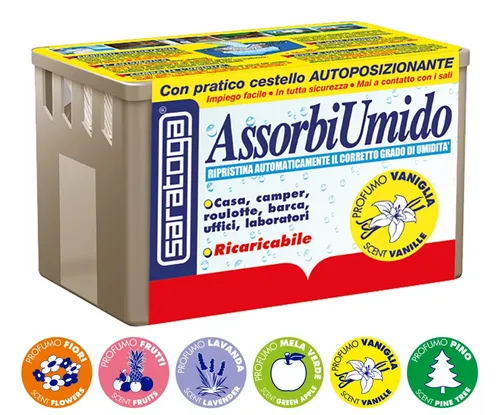 מערכת מסיר לחות Saratoga AssorbiUmido דגם 93.600.001 כולל מכסה מגש איסוף ושקית מלחים 450 גרם - פתרון מתקדם ללחות עודפת בבתים סירות וקרוואנים