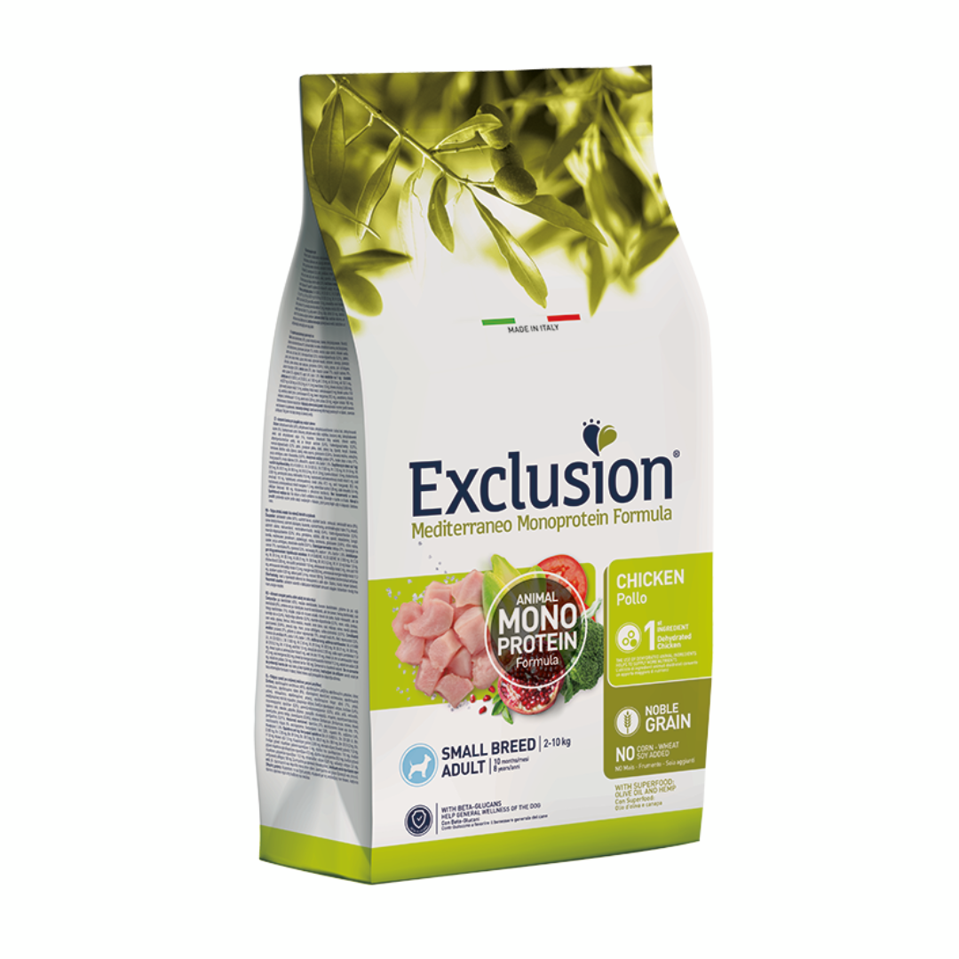 אוכל לכלבים בוגרים מגזע קטן - עוף 2 ק"ג Exclusion