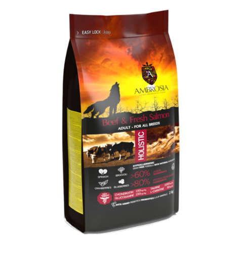 אמברוסיה מזון לכלב בוגר בקר וסלמון 12 ק