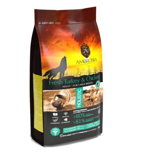 אמברוסיה מזון לכלב בוגר גזע גדול הודו ועוף 12 ק