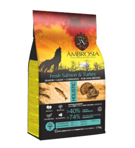 אמברוסיה מזון לכלב סניור (מבוגר) גזע קטן סטרלייז לייט סלמון והודו 5 ק"ג - שק טורקיז