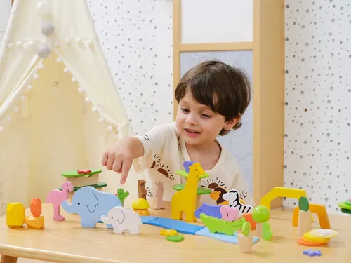 קופסת עץ דמויות חיות טרופיות צבעוניות למשחקי דמיון 55 חלקים