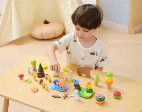 קופסת עץ דמויות סיפורי היער צבעוניות למשחקי דמיון 58 חלקים