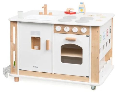 מרכז ללימוד כישורי חיים: אי מטבח וניקיון מעץ נייד 2 ב-1 עם שלל אביזרי משחק