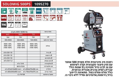רתכת MIG אינוורטר תלת פאזי 400V סינרגטית פולס 500A ROHER SOLOMIG 500PS מסך LCD מזין חיצוני כולל עברית דגם 1095270