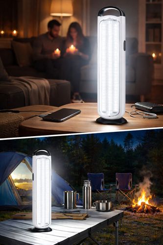 תאורת חירום נטענת LED עומדת על שולחן בסלון בזמן הפסקת חשמל ומאירה את החדר