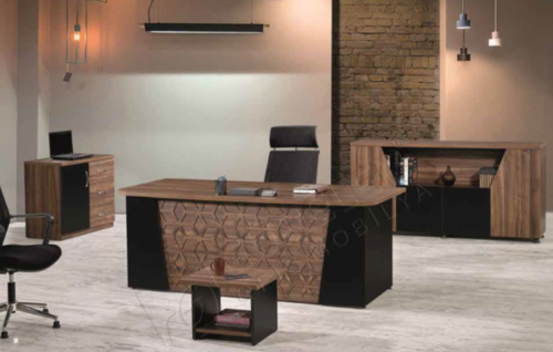 ריהוט משרדי יוקרתי BUSE PLUS בצבע CEVIZ SIYAH, שולחנות עבודה מרווחים ואחסון פרקטי