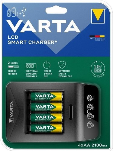 מטען סוללות חכם עם צג LCD עם 4 סוללות נטענות VARTA LCD charger AA 2100mAh 