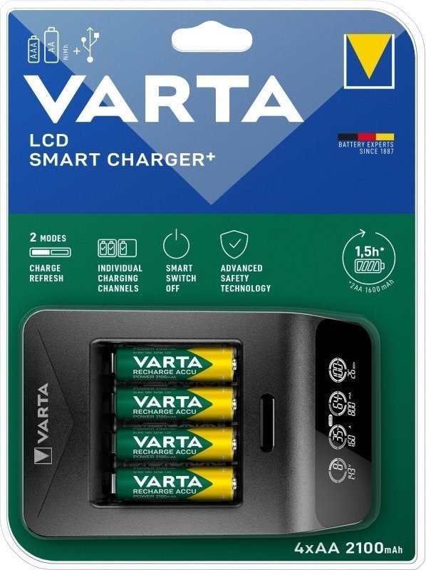 מטען סוללות חכם עם צג LCD עם 4 סוללות נטענות VARTA LCD charger AA 2100mAh 