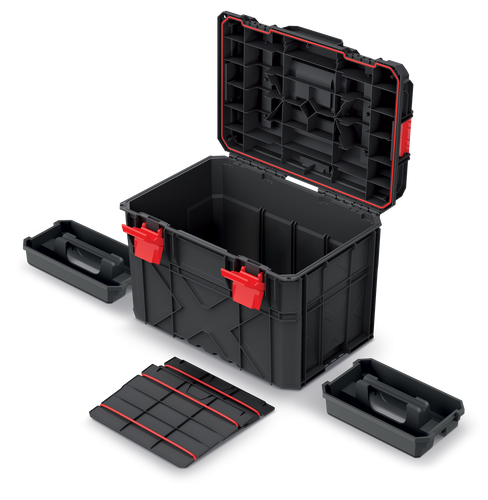 ארגז כלים KISTENBERG X BLOCK TECH KXB604040G - ארגז פולימרים מחוזק עם מכסה פתוח המציג מגשים נשלפים ומסילות אלומיניום, משמש כפלטפורמת עבודה עד 120 ק״ג