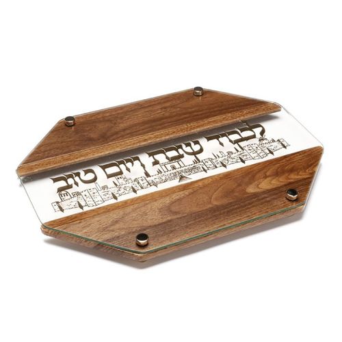 מגש לכבוד שבת עץ + זכוכית וריקוע מתכת