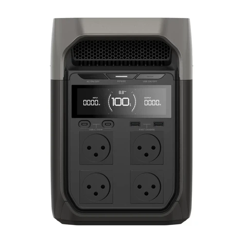תחנת כוח EcoFlow DELTA 3 במבט חזיתי - כולל צג נתונים חכם ו-4 יציאות AC ביתיות
