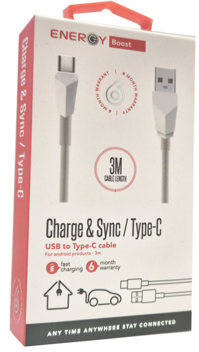 כבל ENERGY 3M USB to Type C לבן