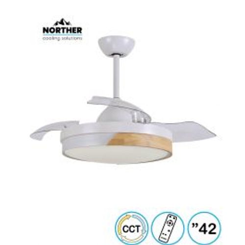 מאוורר תקרה 42" TULIP כנפיים מתקפלות +שלט ולד 36W CCT לבן עם חצי מסגרת עץ+כנפיים שקופות NORTHER