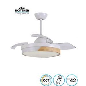 מאוורר תקרה 42" TULIP כנפיים מתקפלות +שלט ולד 36W CCT לבן עם חצי מסגרת עץ+כנפיים שקופות NORTHER