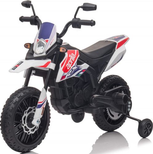 אופנוע דמוי Aprilia RX שטח חשמלי ממונע 12V עם גלגלי עזר, אפקטים קוליים ותאורה - לבן