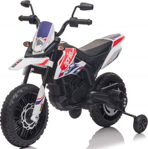 אופנוע דמוי Aprilia RX שטח חשמלי ממונע 12V עם גלגלי עזר, אפקטים קוליים ותאורה - לבן