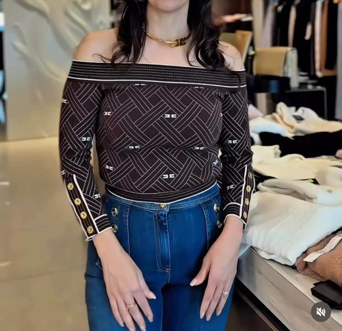Top in knit fabric with diamond-shaped jacquard fabric - COLOR Cacao burro