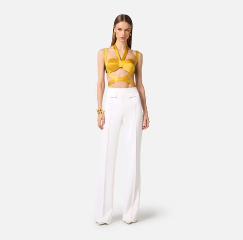 Trousers in double layer stretch crêpe fabric with embroidered logo
