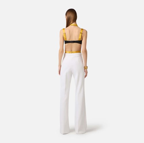 Trousers in double layer stretch crêpe fabric with embroidered logo
