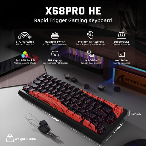 מקלדת גיימינג מגנטי X68 PRO HE BT/2.4G/USB-C ATTARCK SHARK
